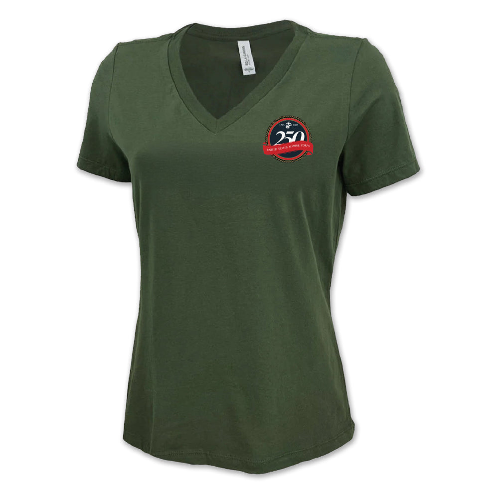 Marines 250th Anniversary Ladies V-Neck T-Shirt (OD Green)