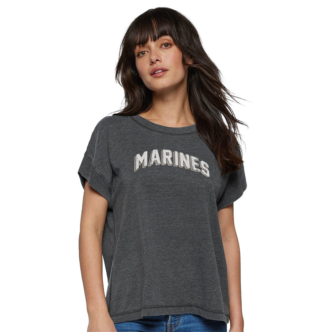 Marines Ladies Distressed Arch T-Shirt (Washed Black)