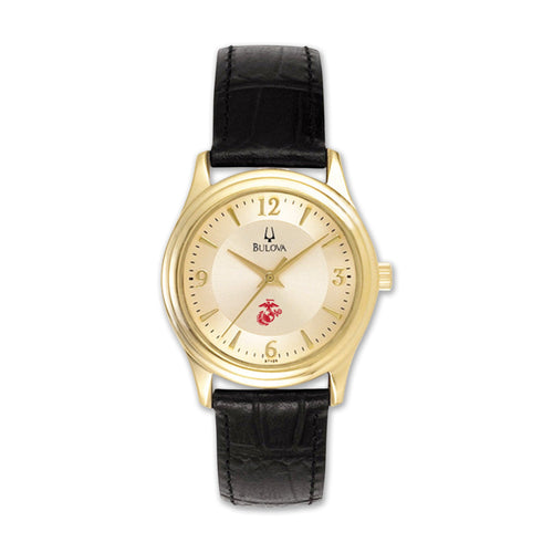 Marines EGA Men's Bulova Black Leather Strap Gold Plated Watch (Black)*