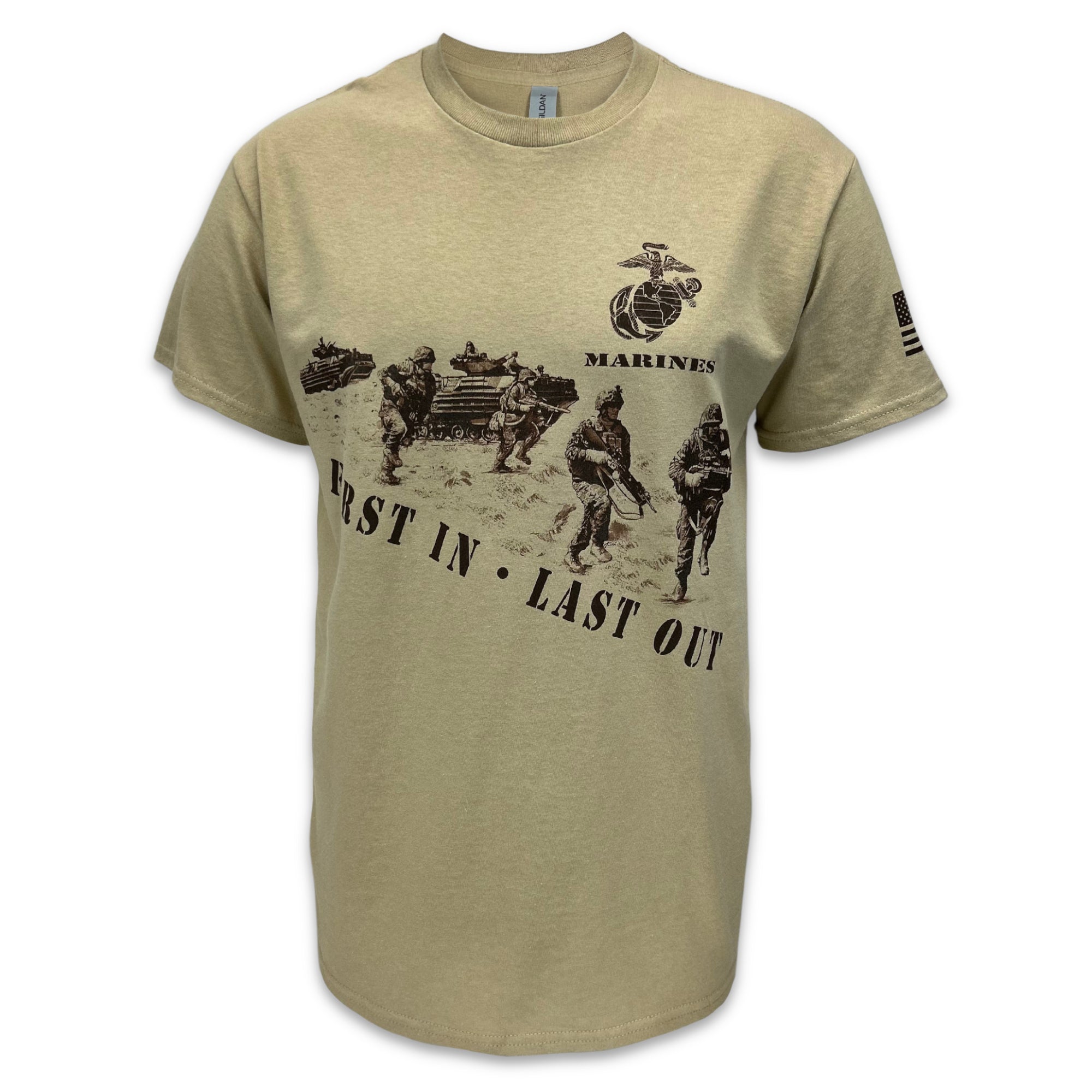 Marines Squad First In Last Out T-Shirt (Tan)