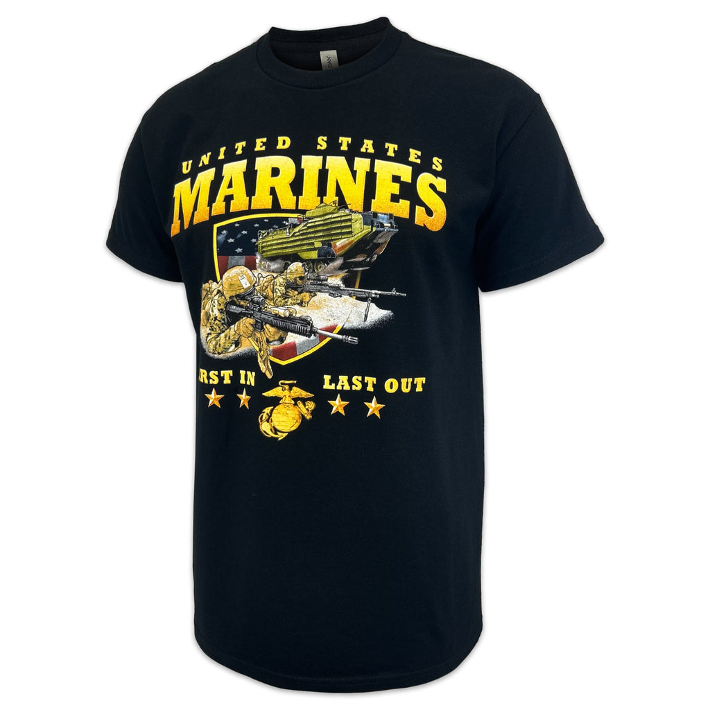 United States Marines Rush First In Last Out T-Shirt (Black)