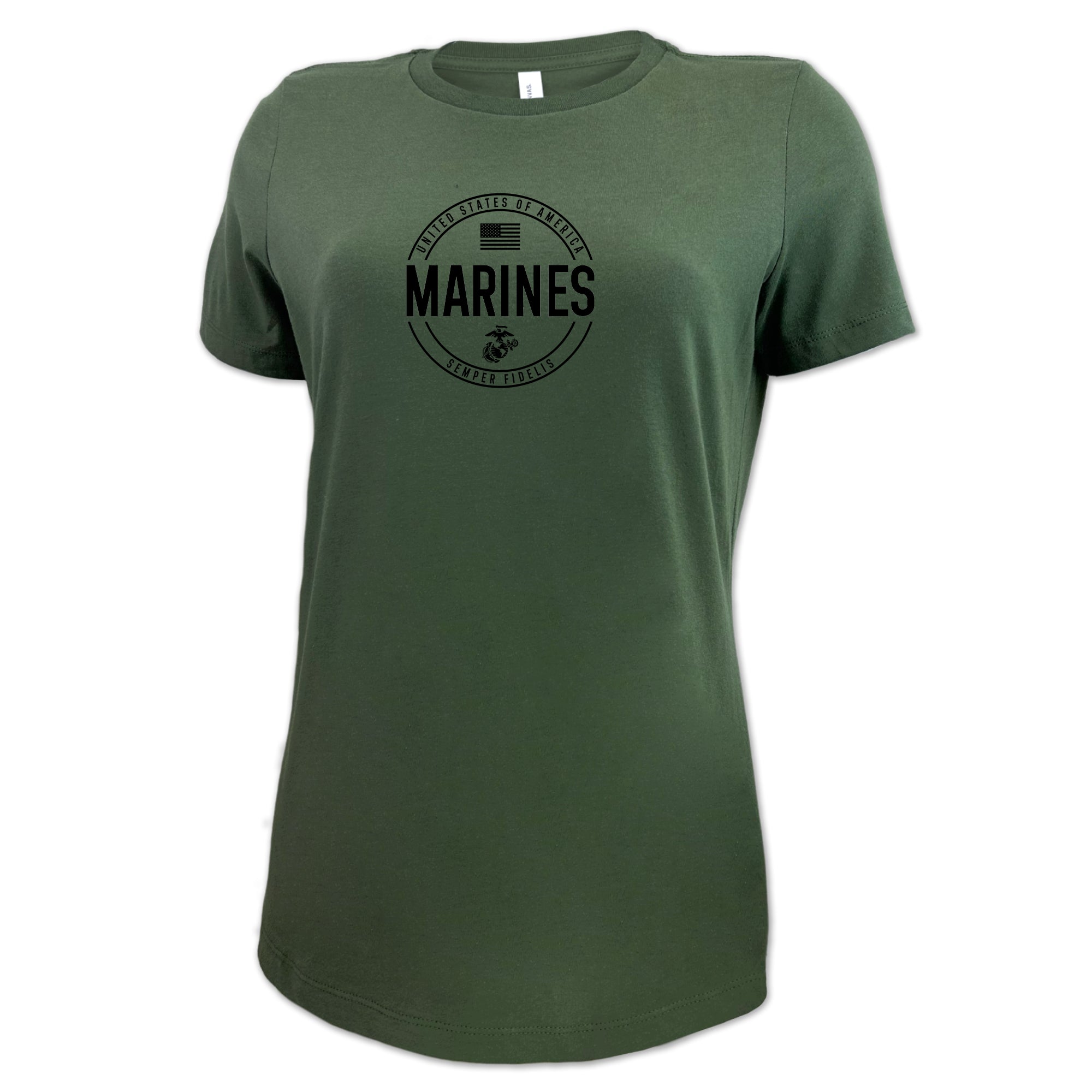 Marines Ladies Center Chest Circle Logo T-Shirt (Black Design)