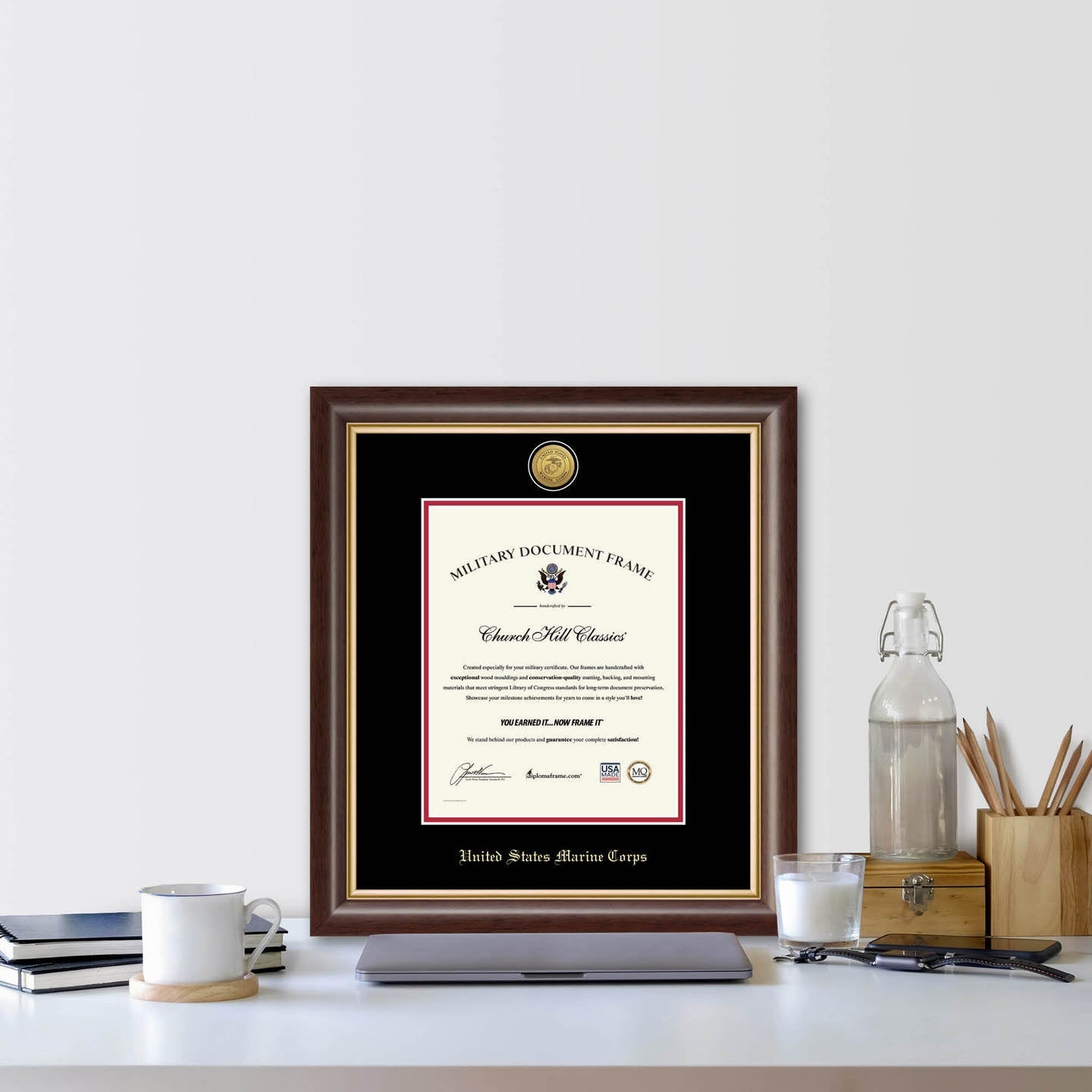 United States Marine Corps Gold Engraved Hampshire Certificate Frame (Vertical)