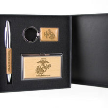Load image into Gallery viewer, Marines EGA Silver/Wood Gift Set with Pen, Keychain &amp; Business Card Case