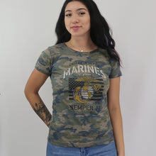Load image into Gallery viewer, Marines Ladies Vintage Stencil T-Shirt (Camo)