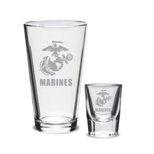Load image into Gallery viewer, Marines EGA 16oz Deep Etched Pub Glass and 2oz Classic Shot Glass (Clear)